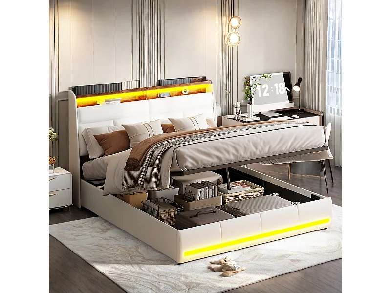 Cama com arrumação 160 x 200 cm, com estrado de ripas, camas de casal com luz LED em PU, branco