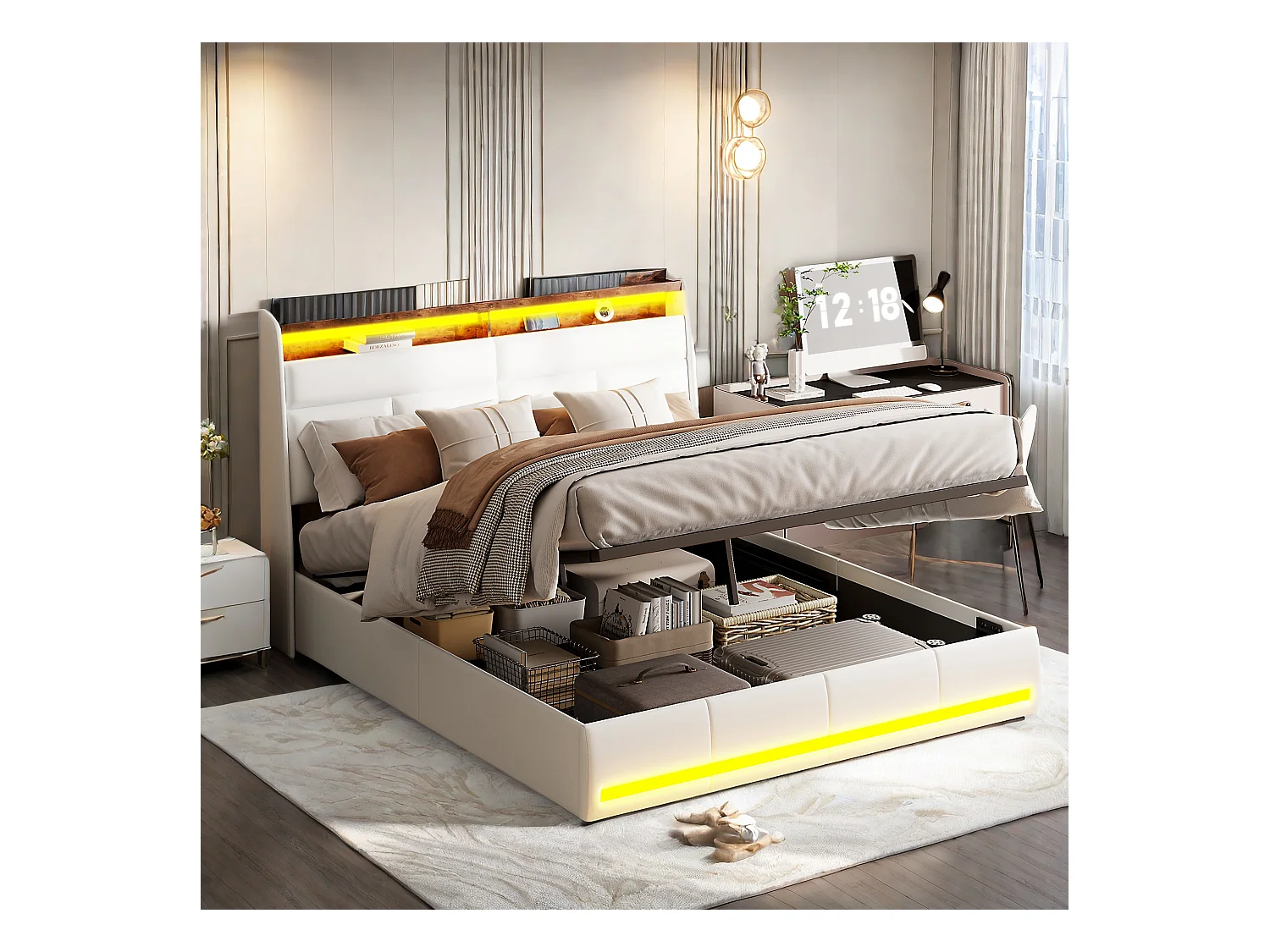 Cama com arrumação 160 x 200 cm, com estrado de ripas, camas de casal com luz LED em PU, branco