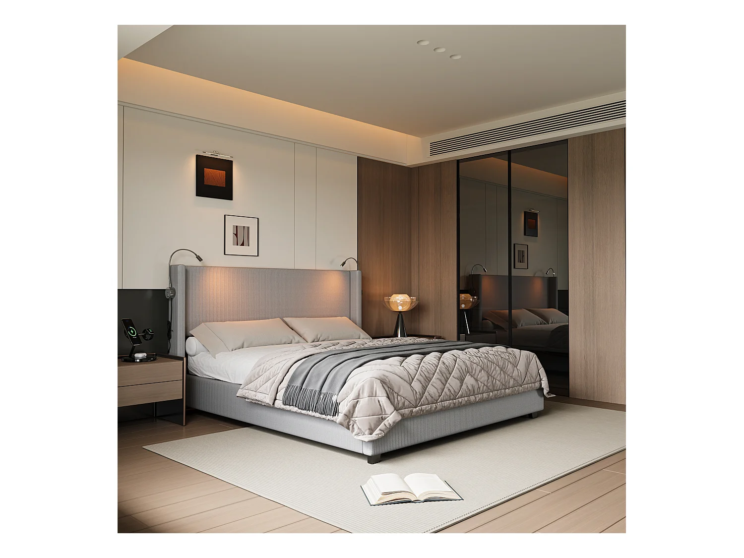 Cama 140 x 200 com base de armazenamento, cama de casal com luz de leitura, USB e função de armazenamento, cinza