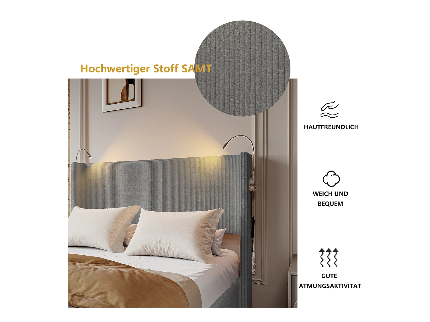 Cama 140 x 200 com base de armazenamento, cama de casal com luz de leitura, USB e função de armazenamento, cinza