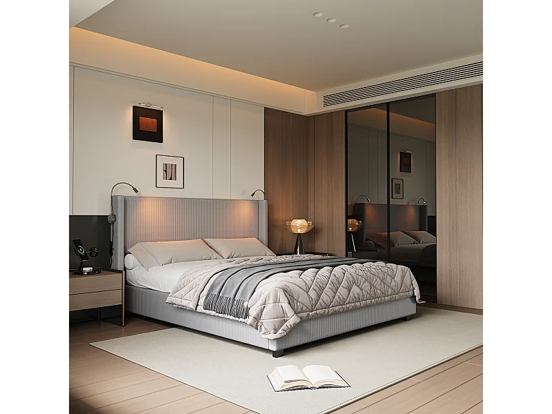 Lit 140 x 200 avec Sommier Coffre, Lit Deux Place avec Liseuse, USB et Fonction de Rangement, gris