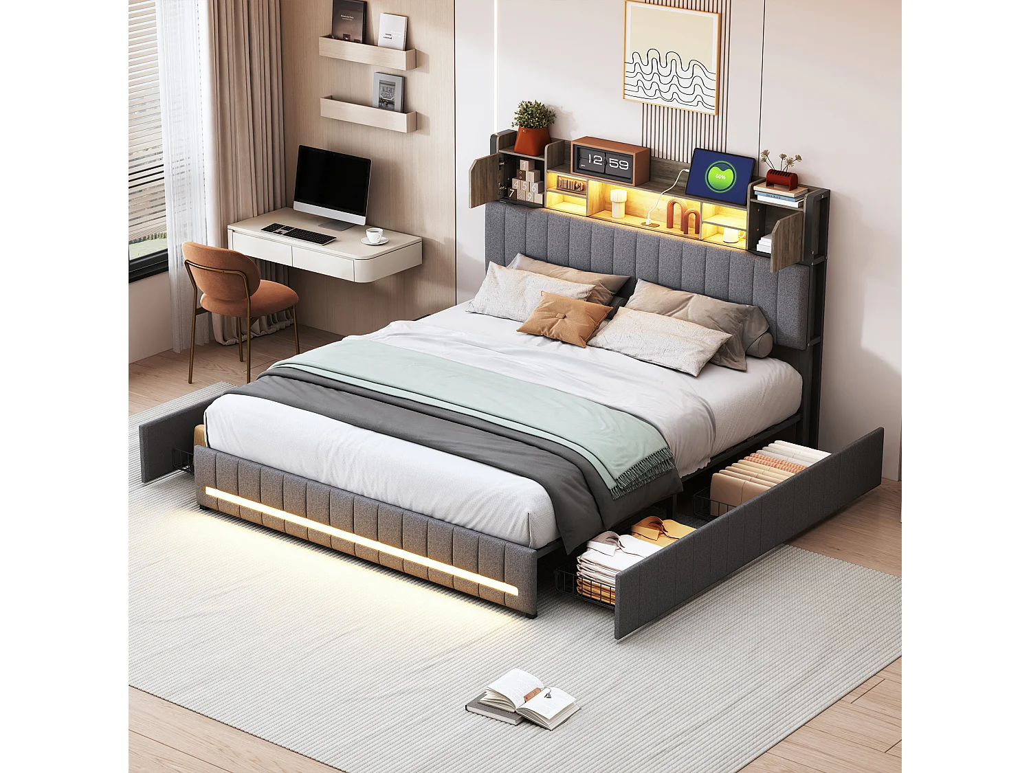 Letto 160x200 con LED e USB, Letto matrimoniale imbottito con rete a doghe e 4 cassetti, Lino, Grigio