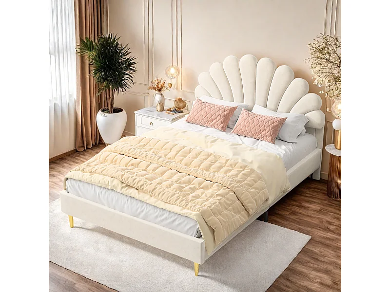 Tweepersoonsbed 140 x 200 cm, gestoffeerd, met bloemvormig hoofdbord en lattenbodem, Beige
