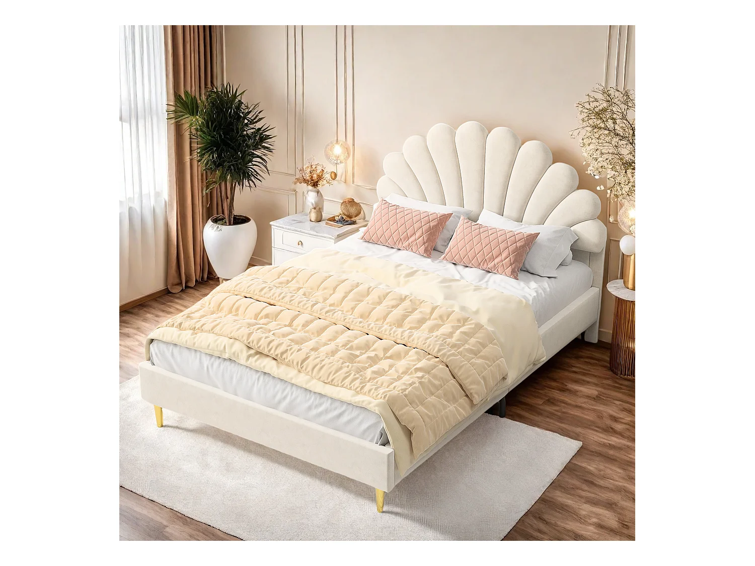 Tweepersoonsbed 140 x 200 cm, gestoffeerd, met bloemvormig hoofdbord en lattenbodem, Beige