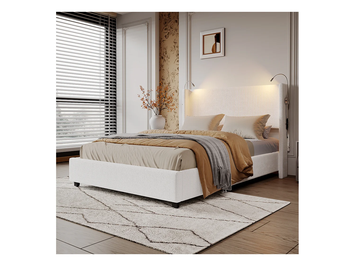 Bed 140 x 200 cm met opbergbodem, met LED en USB en opbergfunctie, fluweel, wit