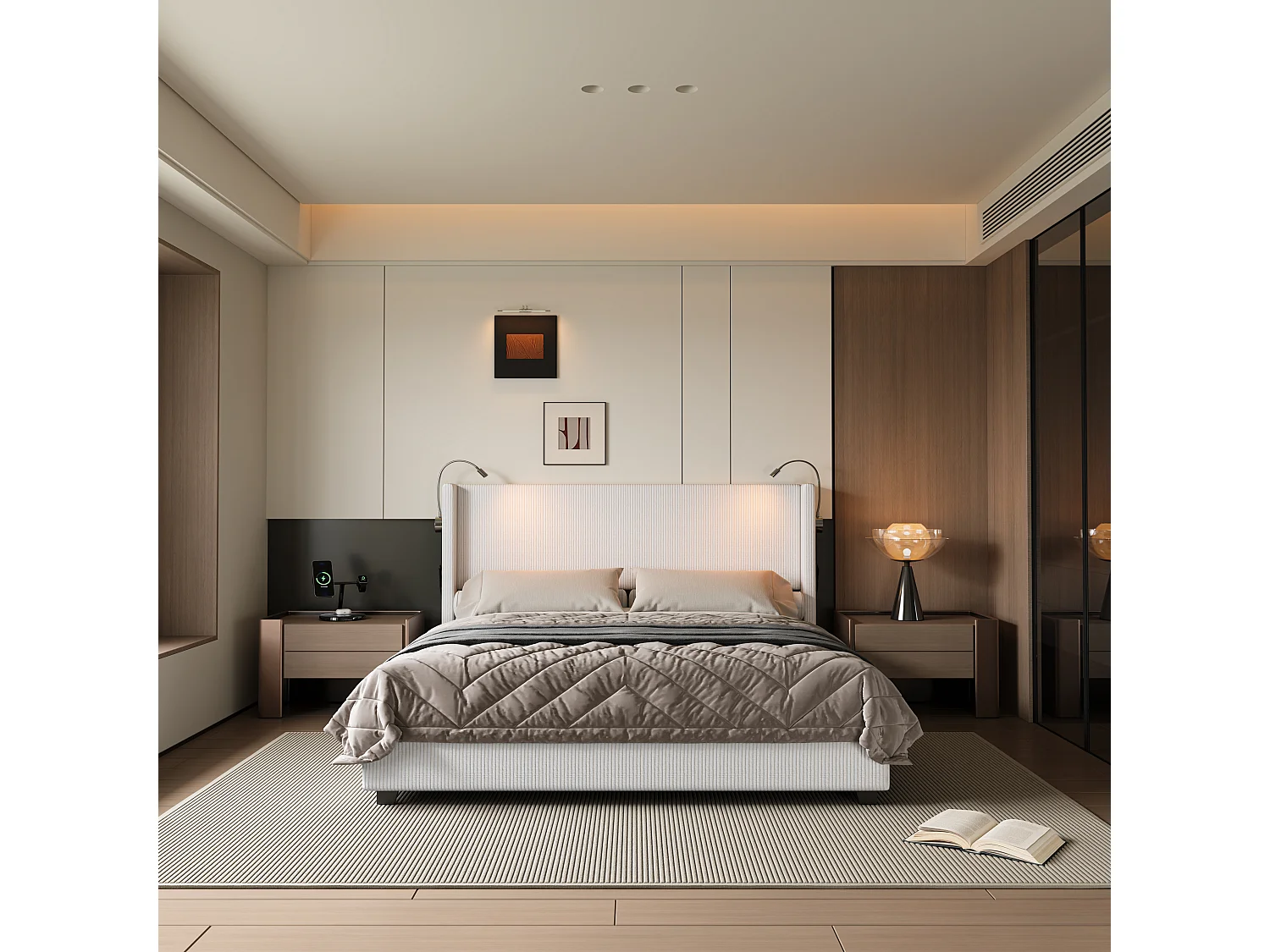 Cama de 140 x 200 cm con canapé, LED, USB y función de almacenaje, terciopelo, blanco