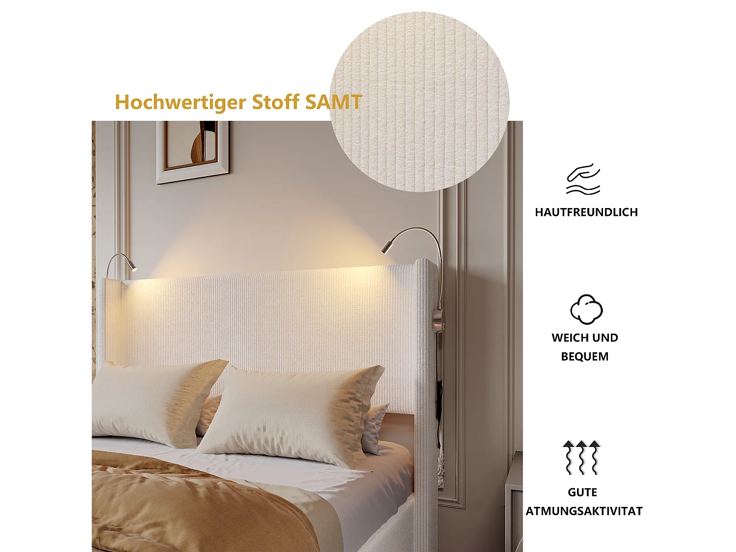 Lit 140 x 200 cm avec Sommier Coffre, avec LED & USB et Fonction de Rangement , Velours, Blanc