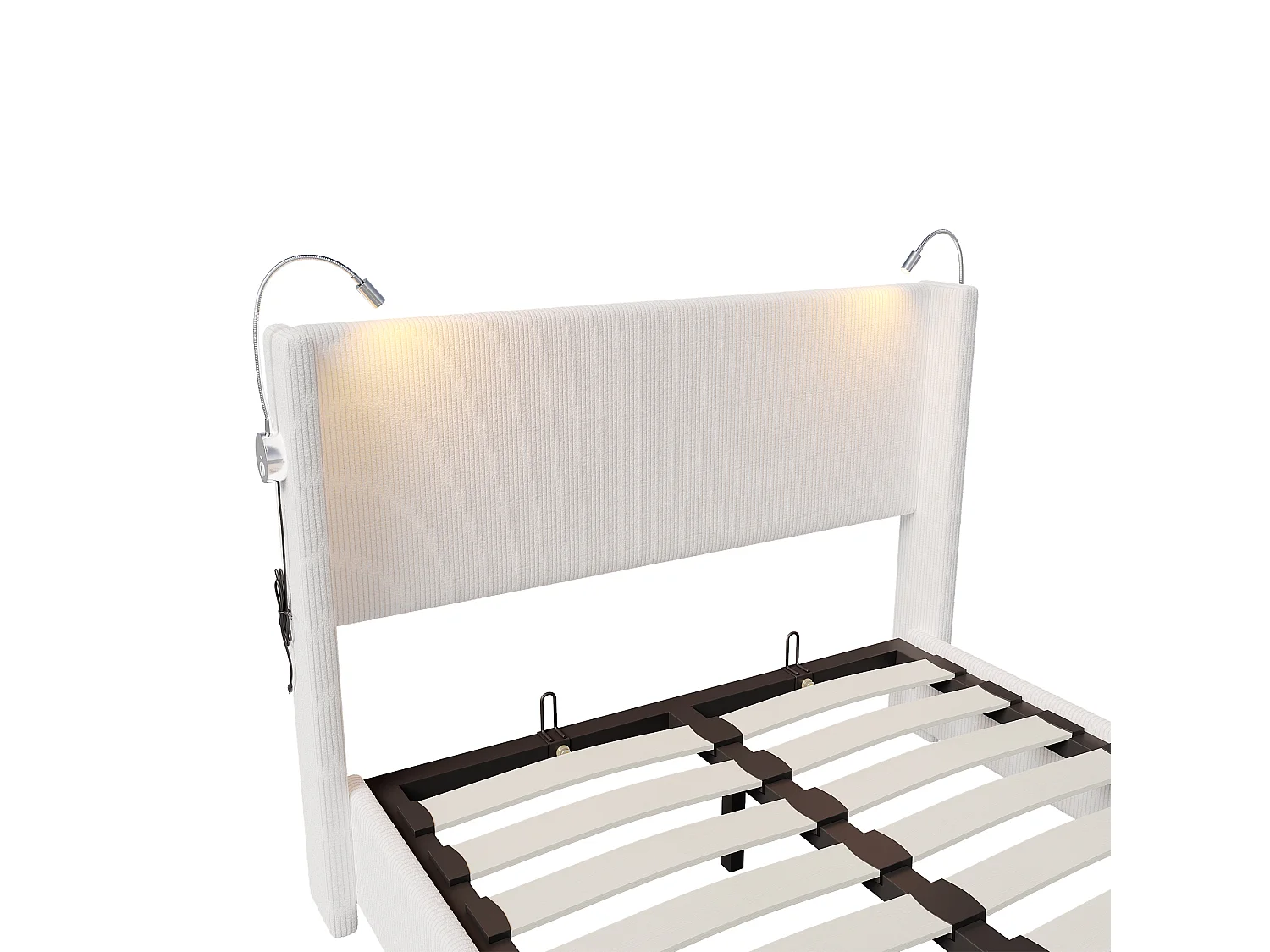 Lit 140 x 200 cm avec Sommier Coffre, avec LED & USB et Fonction de Rangement , Velours, Blanc