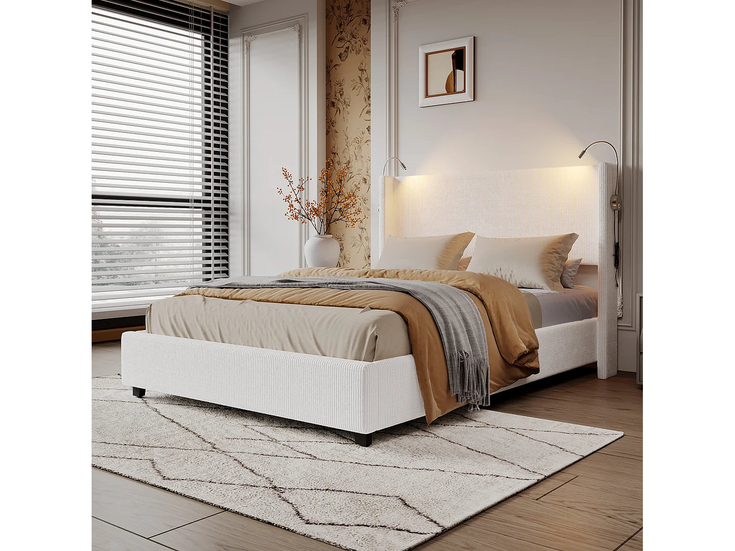 Lit 140 x 200 cm avec Sommier Coffre, avec LED & USB et Fonction de Rangement , Velours, Blanc