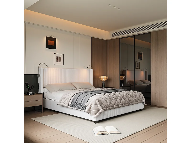 Lit 140 x 200 cm avec Sommier Coffre, avec LED & USB et Fonction de Rangement , Velours, Blanc