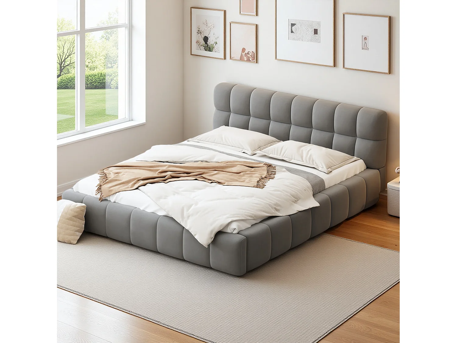 Bubbelbed 160 x 200 cm met lattenbodem en rugleuning, gestoffeerd tweepersoonsbed, linnen, grijs