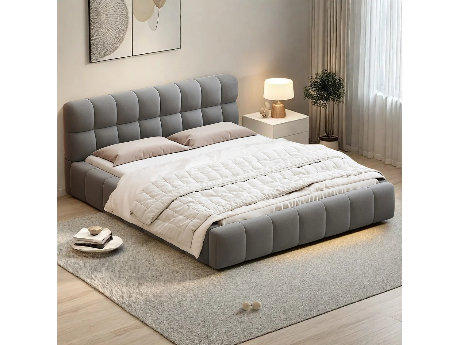 Bubbelbed 160 x 200 cm met lattenbodem en rugleuning, gestoffeerd tweepersoonsbed, linnen, grijs