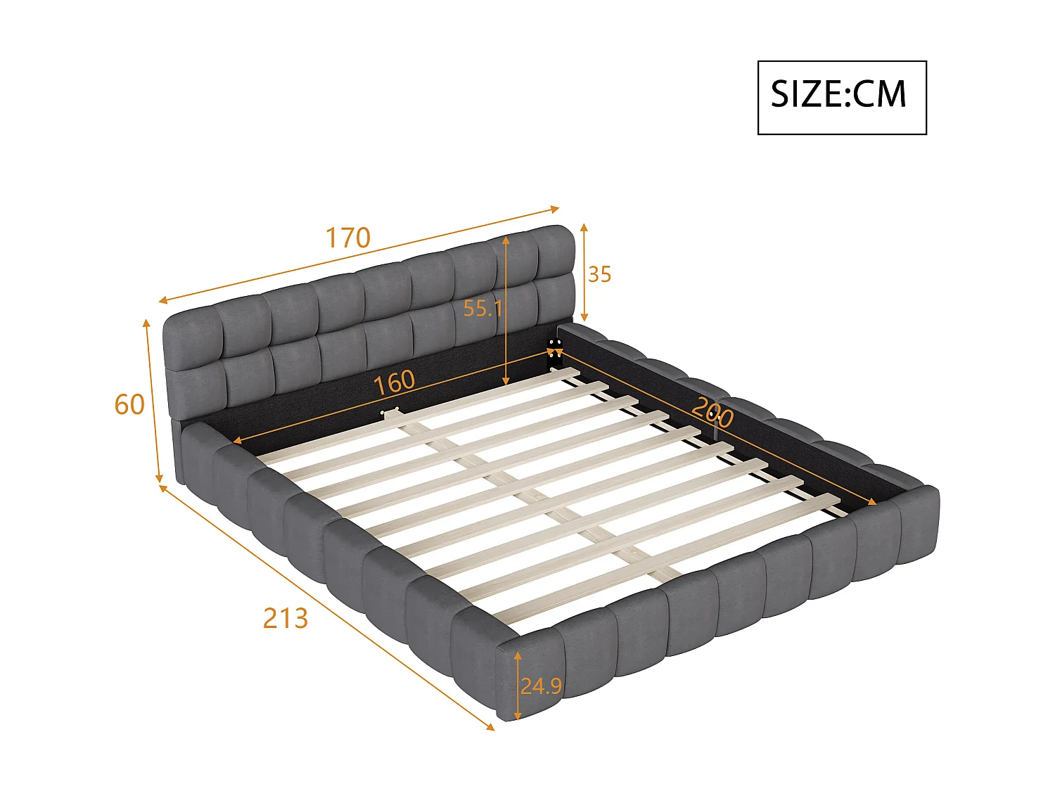 Bubbelbed 160 x 200 cm met lattenbodem en rugleuning, gestoffeerd tweepersoonsbed, linnen, grijs