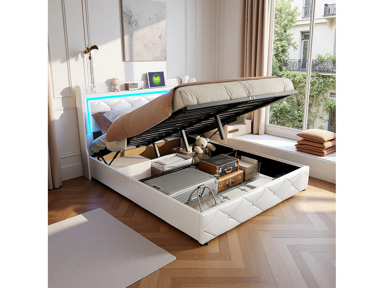 Lit Coffre 140x200 cm, Lit Double Rembourré avec Sommier à Lattes, Tête de Lit avec Éclairage LED et Ports USB, PU, Blanc