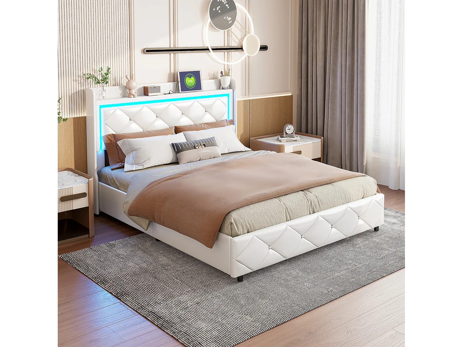 Lit Coffre 140x200 cm, Lit Double Rembourré avec Sommier à Lattes, Tête de Lit avec Éclairage LED et Ports USB, PU, Blanc