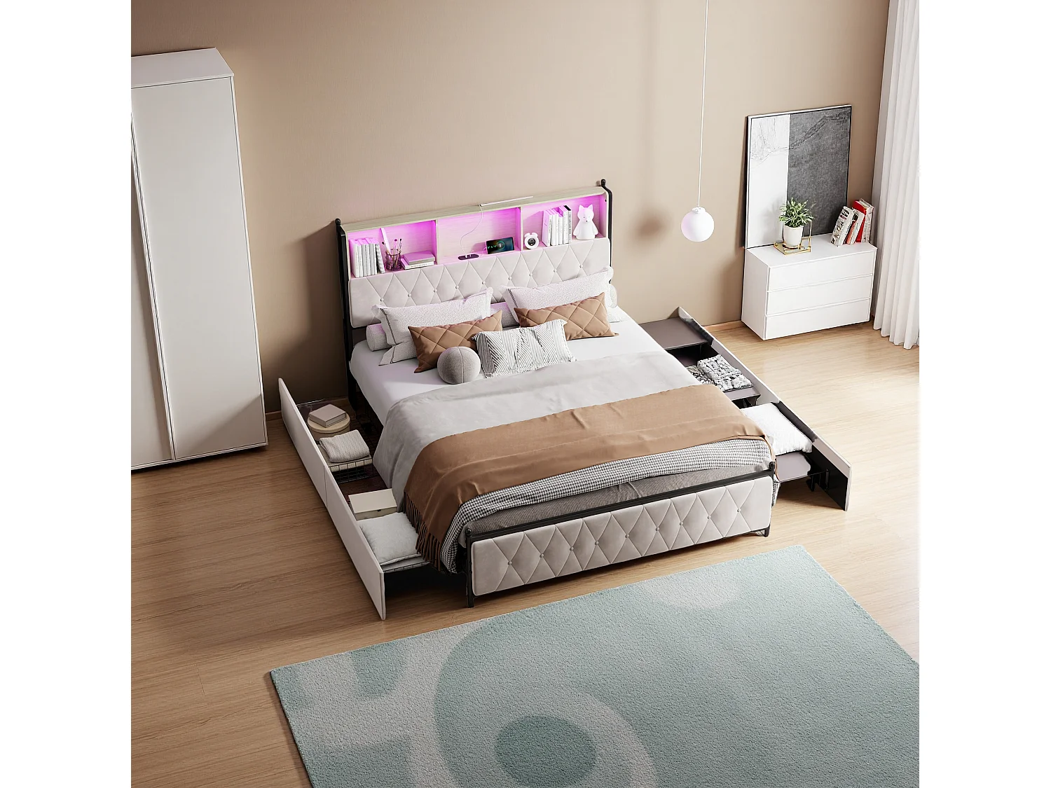 Gestoffeerd tweepersoonsbed 180x200cm, met 2 USB-aansluitingen, LED-bed met 4 opberglades, fluweel, beige