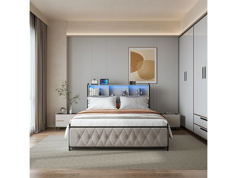 Gestoffeerd tweepersoonsbed 180x200cm, met 2 USB-aansluitingen, LED-bed met 4 opberglades, fluweel, beige