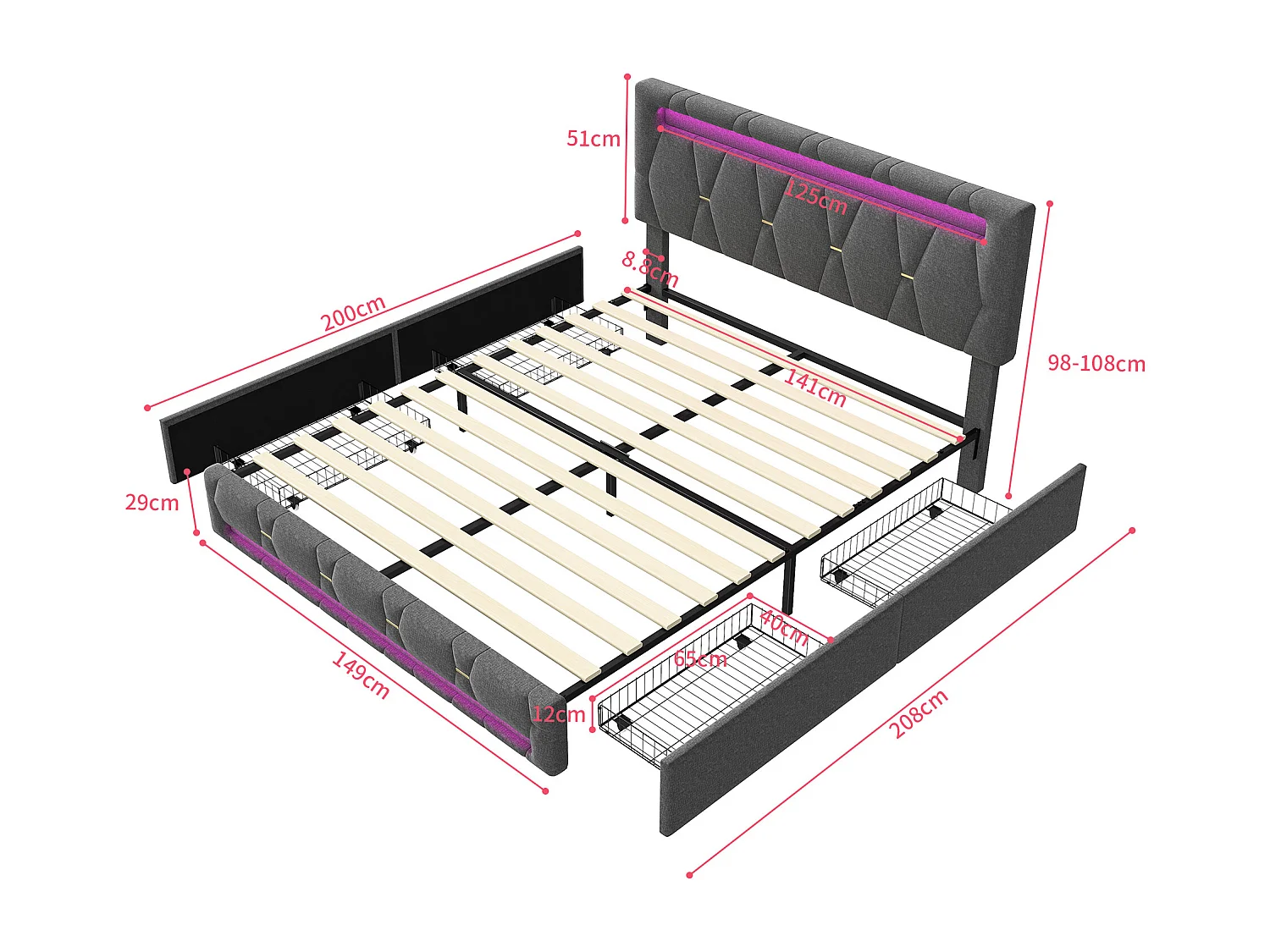 Lit Double 140x200 avec LED, avec 4 Tiroirs de Rangement, Tête de Lit Réglable en Hauteur, Gris Lin
