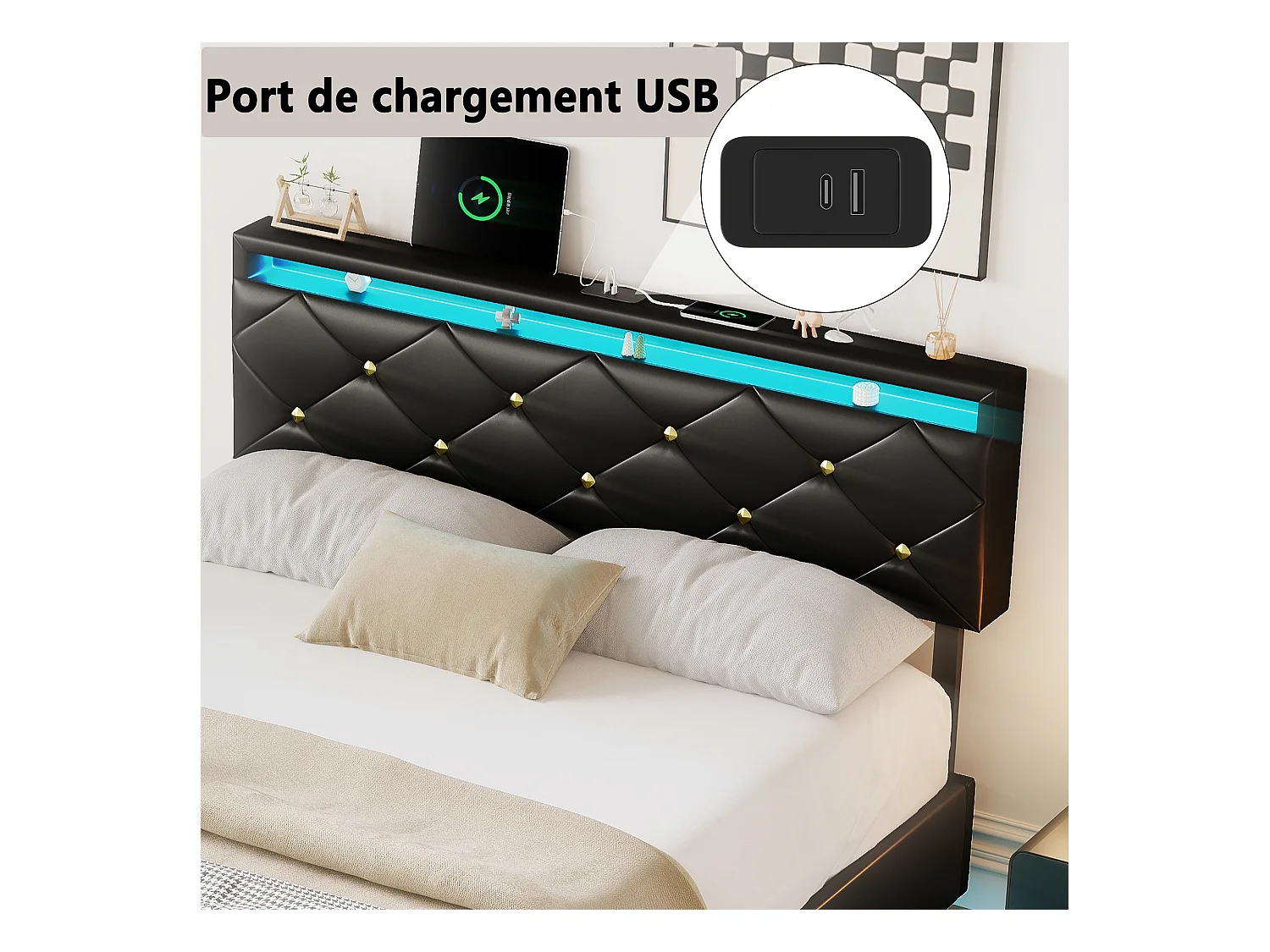 Cama de 160x200 con LED y USB, Estructura de Cama Matrimonial Flotante con Lamas de Madera, PU, Color Negro
