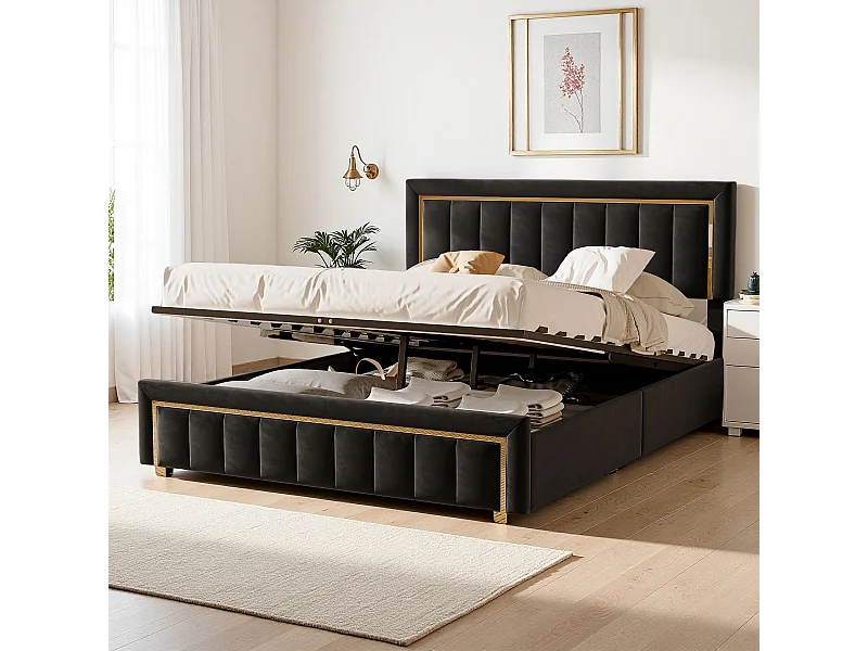 Cama de 160 x 200 cm con cabecero acolchado, camas dobles con somier, color negro