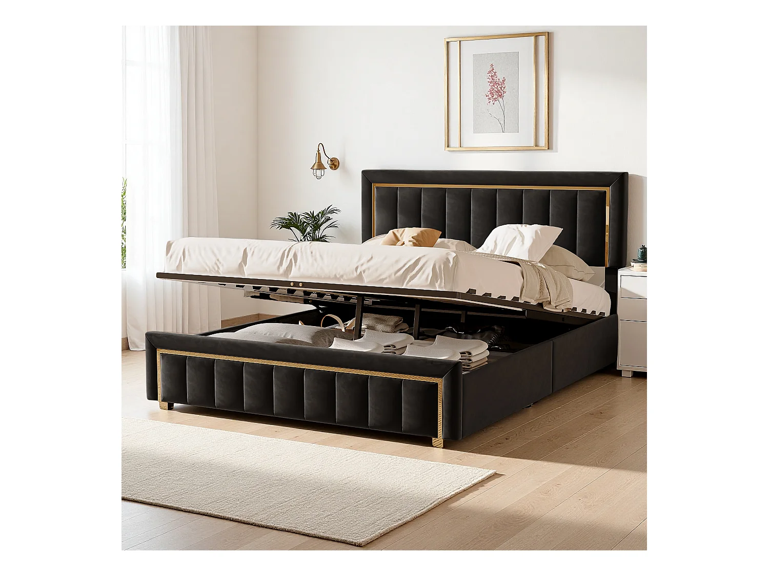 Letto contenitore 160x200 con testiera trapuntata, letti matrimoniali con rete a doghe, nero