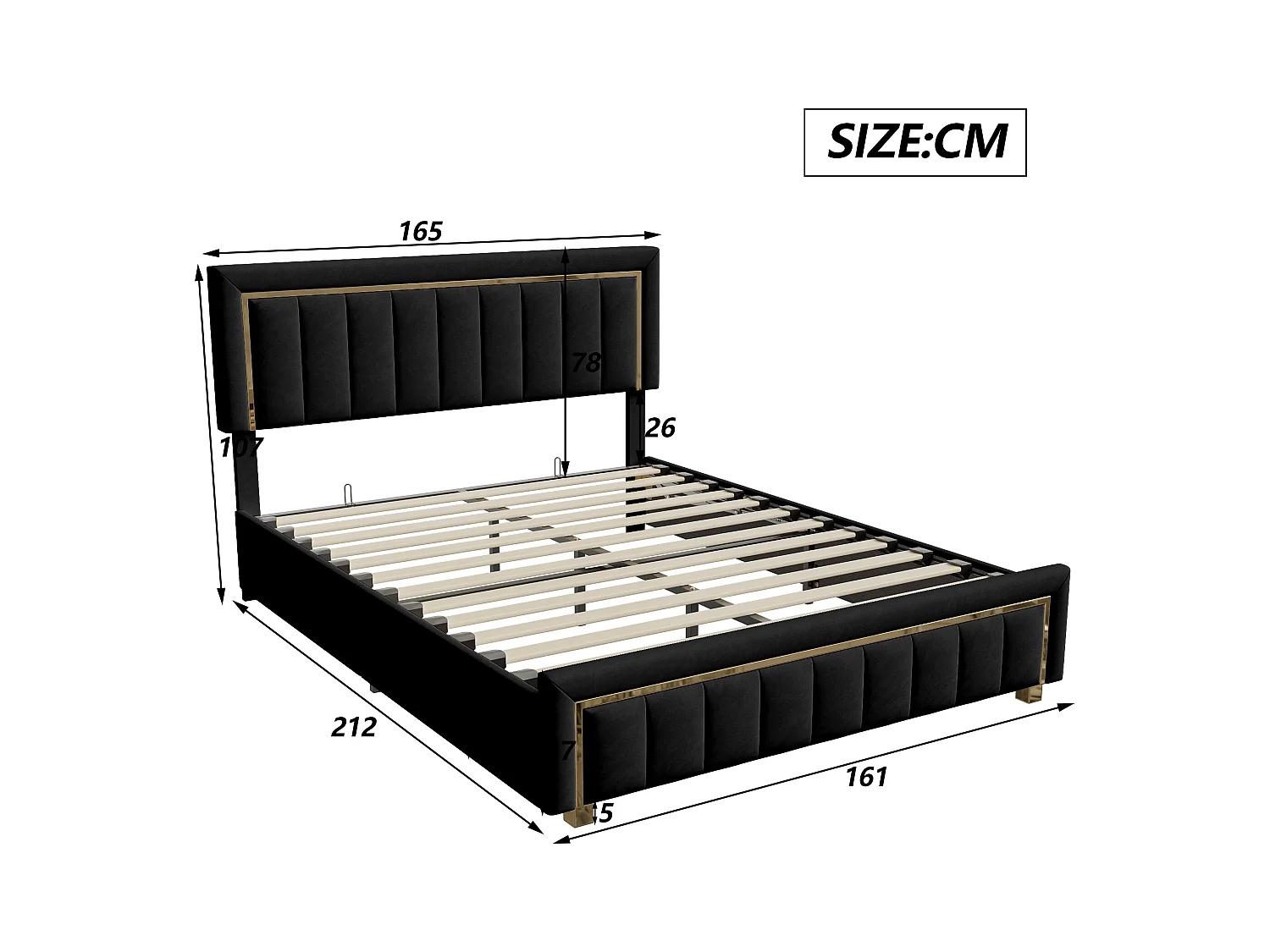 Cama de 160 x 200 cm con cabecero acolchado, camas dobles con somier, color negro