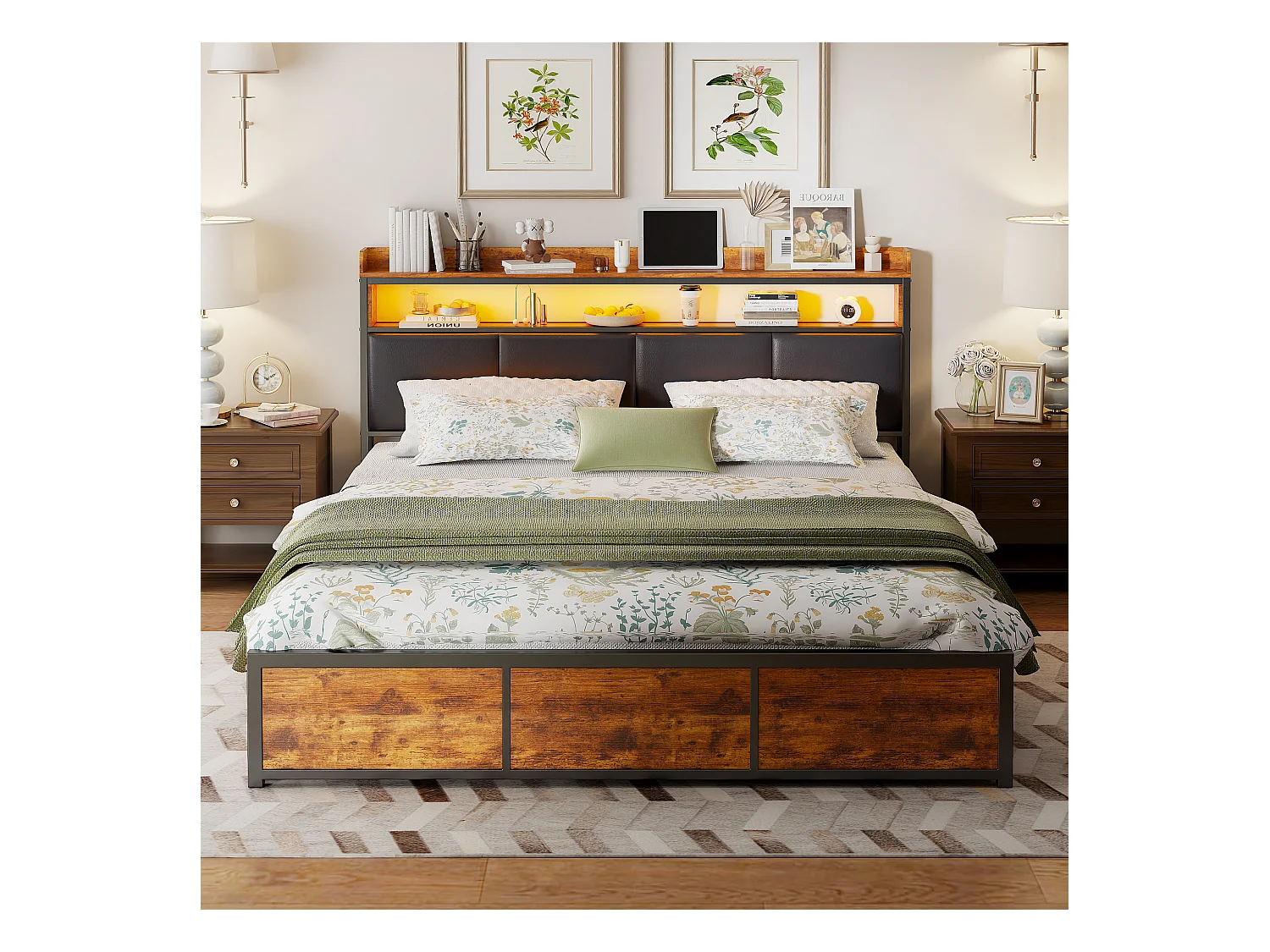 Bed 180x200 met onderstel en LED, zwart PU hoofdbord, metalen frame en praktisch opbergvak