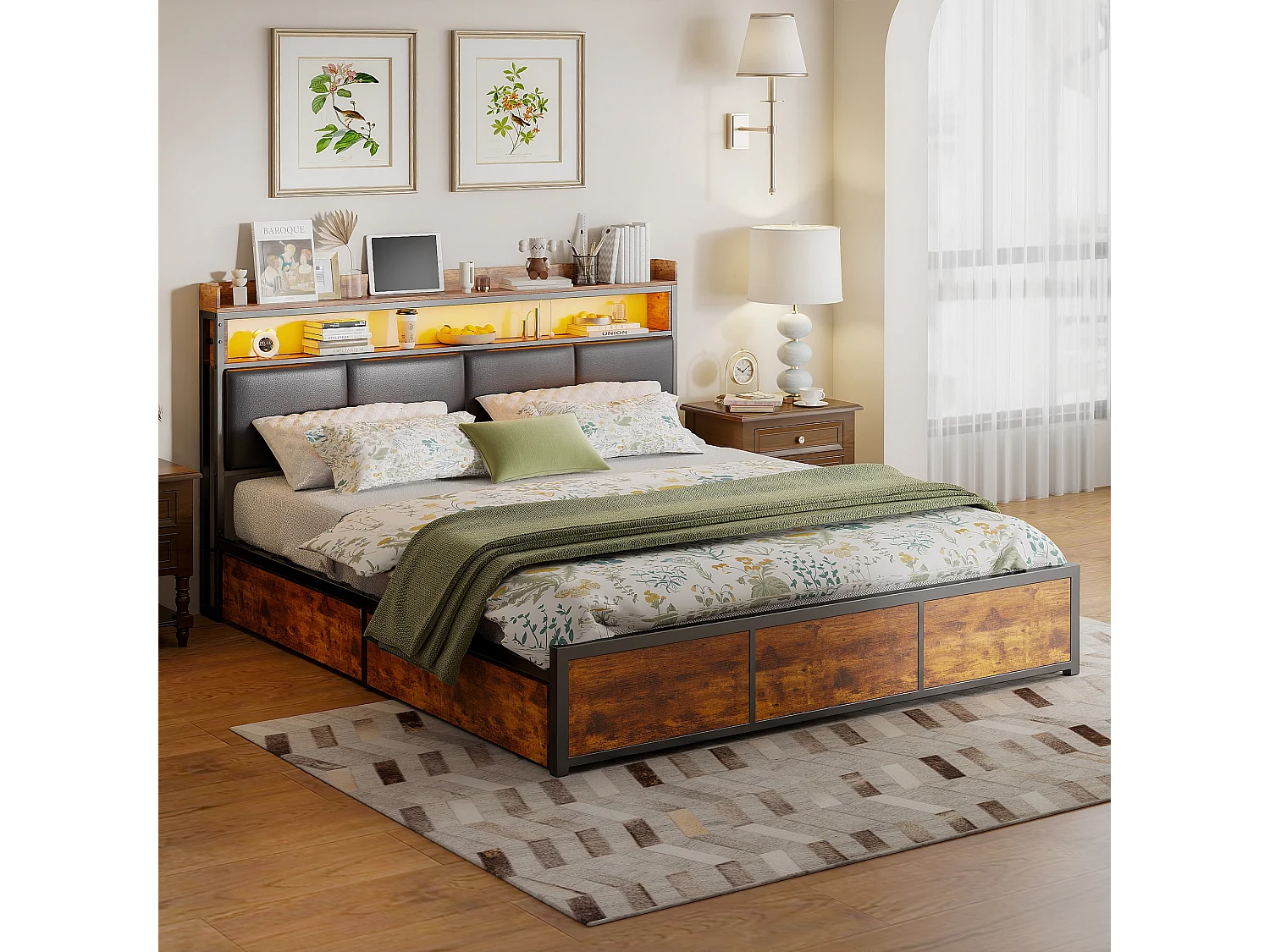 Lit Double 180x200 cm, Lit Coffre avec lumières LED, Cadre de lit avec 4 tiroirs Rangement,Noir avec Planche en Bois Motif Tigre Cuir PU