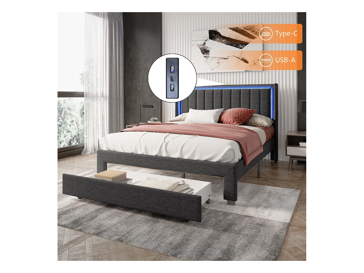 Tweepersoonsbed 180 x 200 cm, gestoffeerd bed met LED en 2 USB-poorten, opbergruimte, grijs