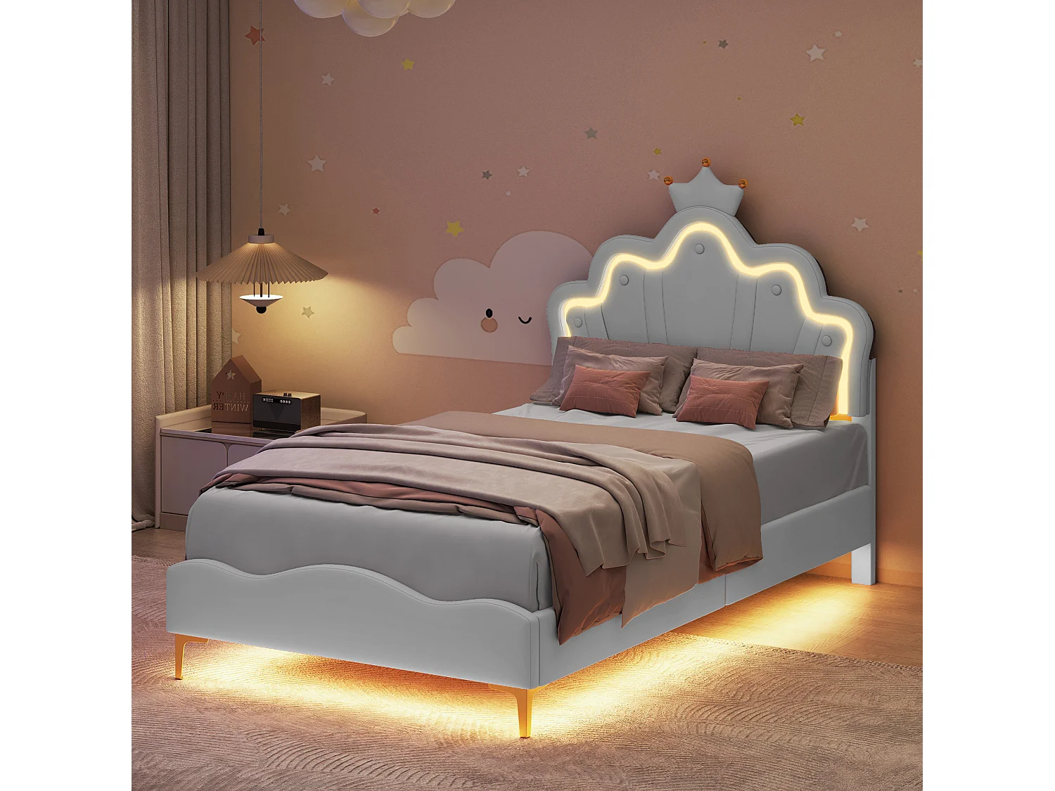 Lit Enfant Fille 90x200 cm, Lit Princesse avec LED, Tête de Lits Réglable en Hauteur en Forme de Couronne, Sommier à Lattes, PU, Blanc