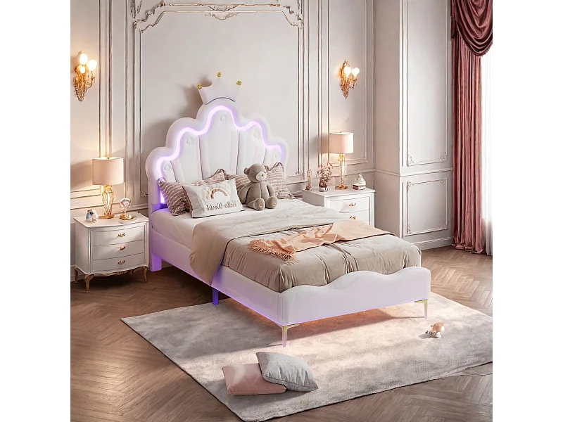 Cama infantil tapizada 90x200 cm con LED, cama princesa corona, poliuretano, color blanco