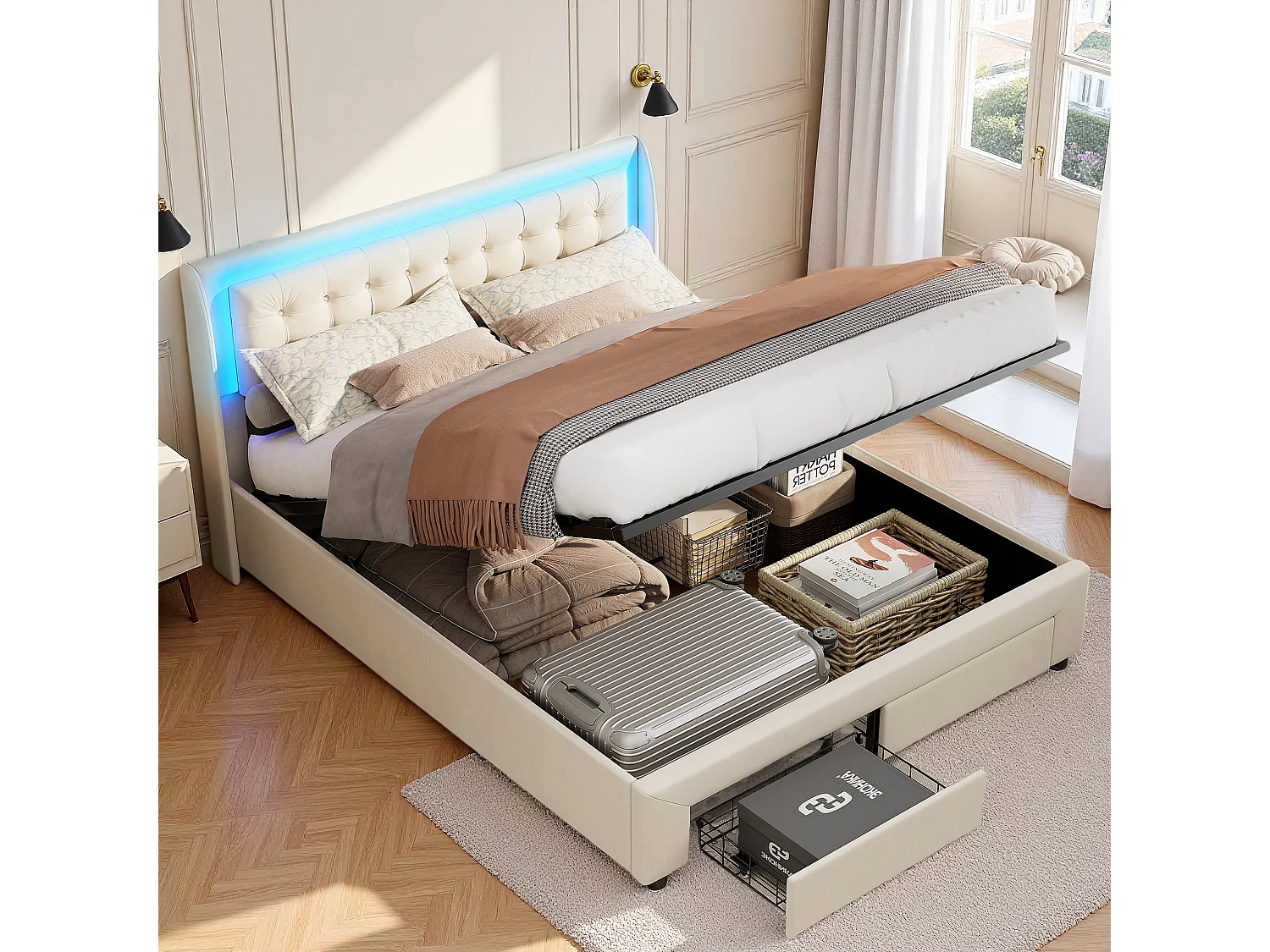 Lit coffre 140 x 190 - Velours beige - 2 tiroirs - Lumières LED réglables - Dossier souple