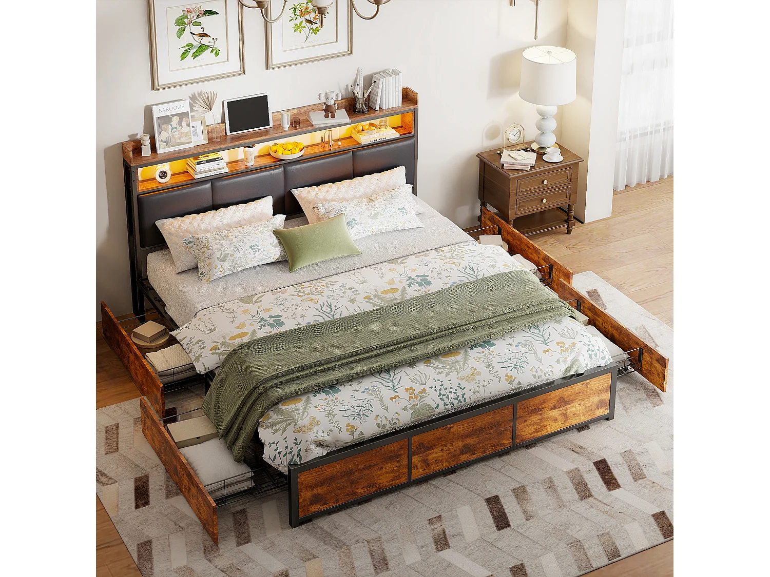 Lit Double 140x200 cm, Lit Métal avec 4 Tiroirs de Rangement, Éclairage LED, Lit Rembourré avec Sommier à Lattes Et Cadre Lit Métal, PU, Noir