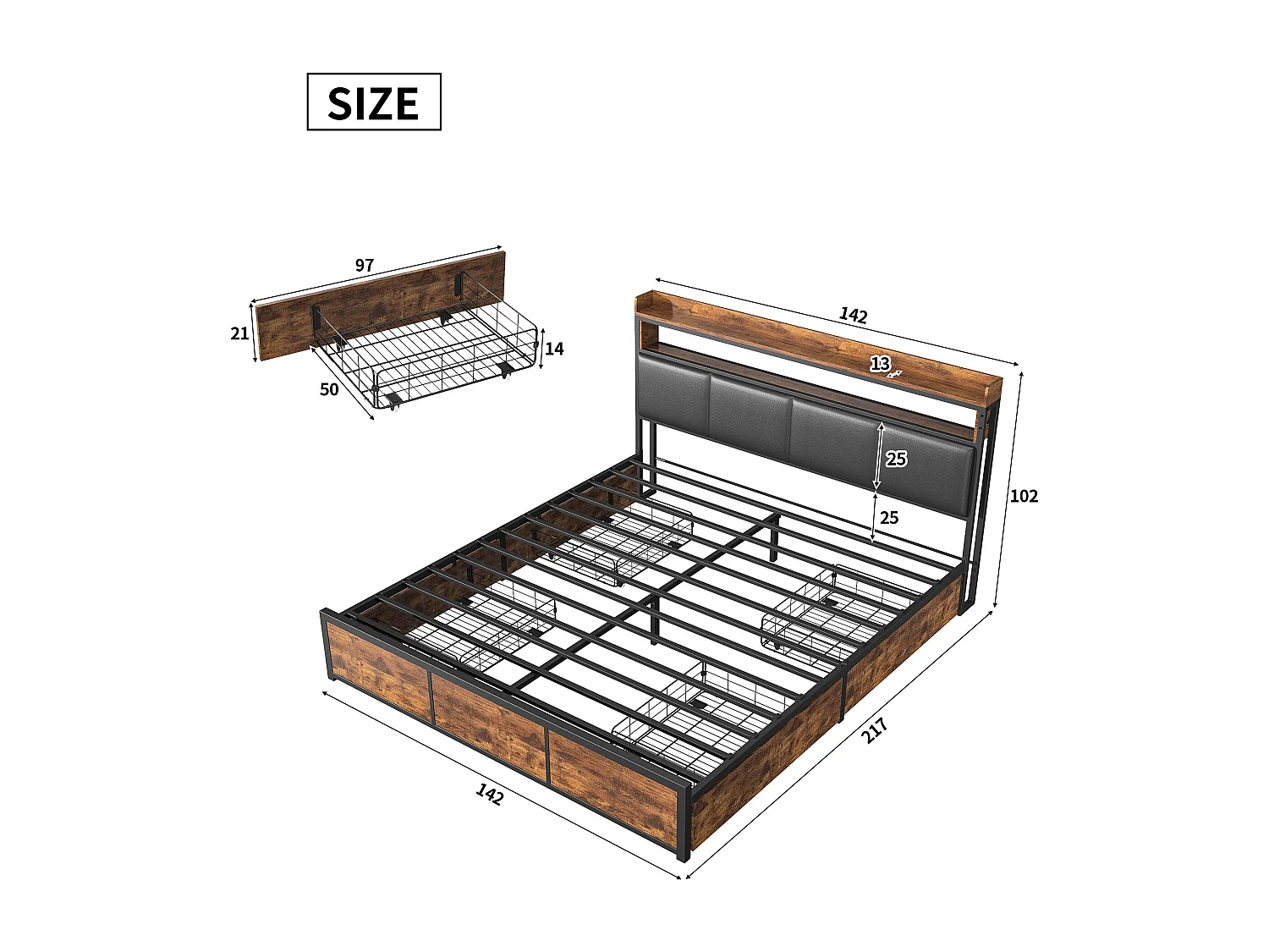 Lit Double 140x200 cm, Lit Métal avec 4 Tiroirs de Rangement, Éclairage LED, Lit Rembourré avec Sommier à Lattes Et Cadre Lit Métal, PU, Noir