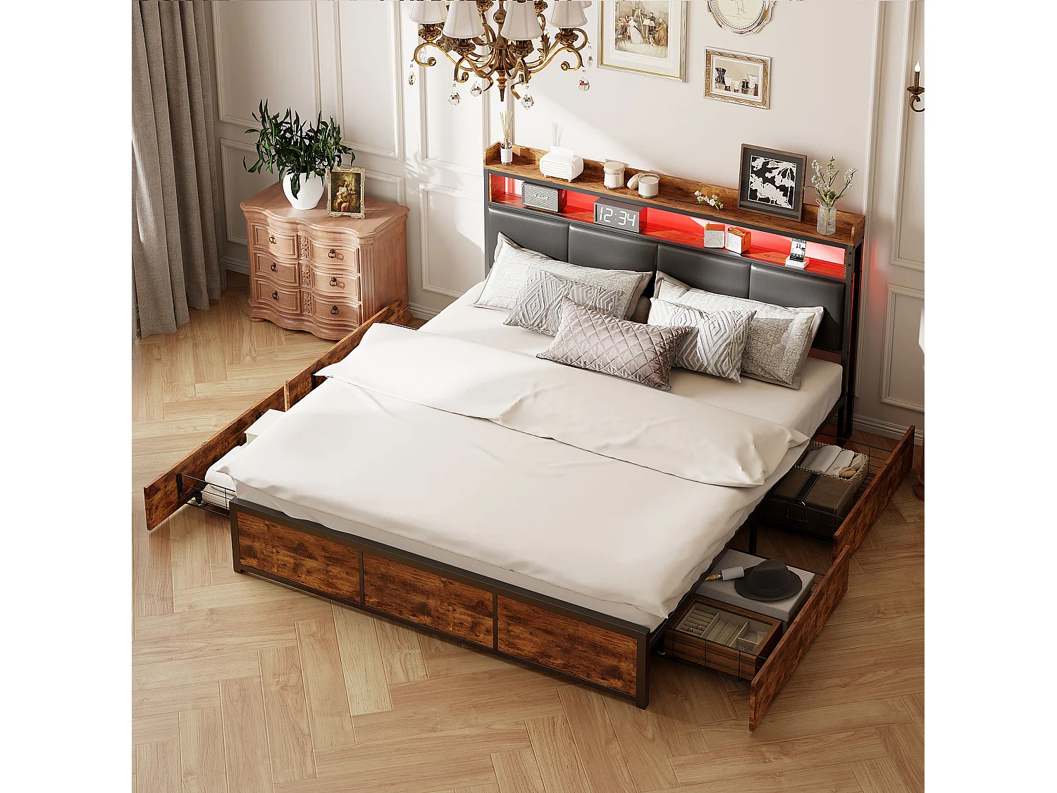 Lit Double 140x200 cm, Lit Métal avec 4 Tiroirs de Rangement, Éclairage LED, Lit Rembourré avec Sommier à Lattes Et Cadre Lit Métal, PU, Noir