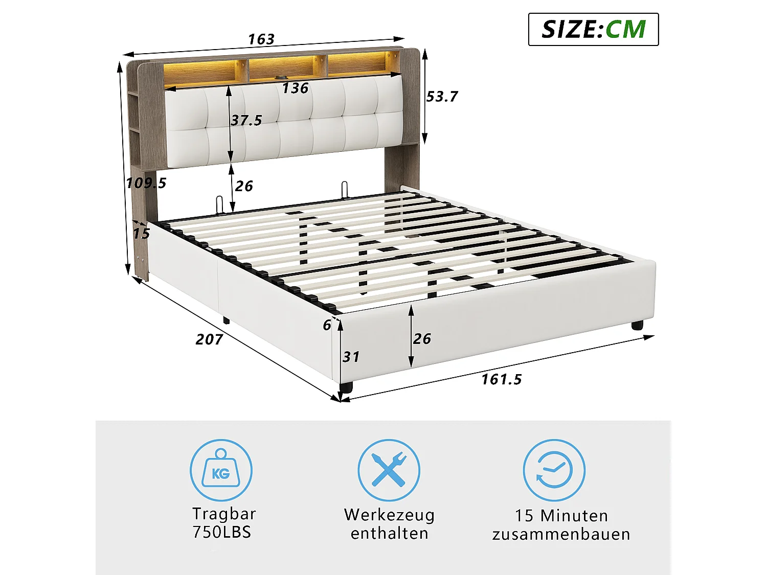 Lit Coffre 160x200 avec LED et fonction de chargement sans fil, avec rangement, velours, Blanc