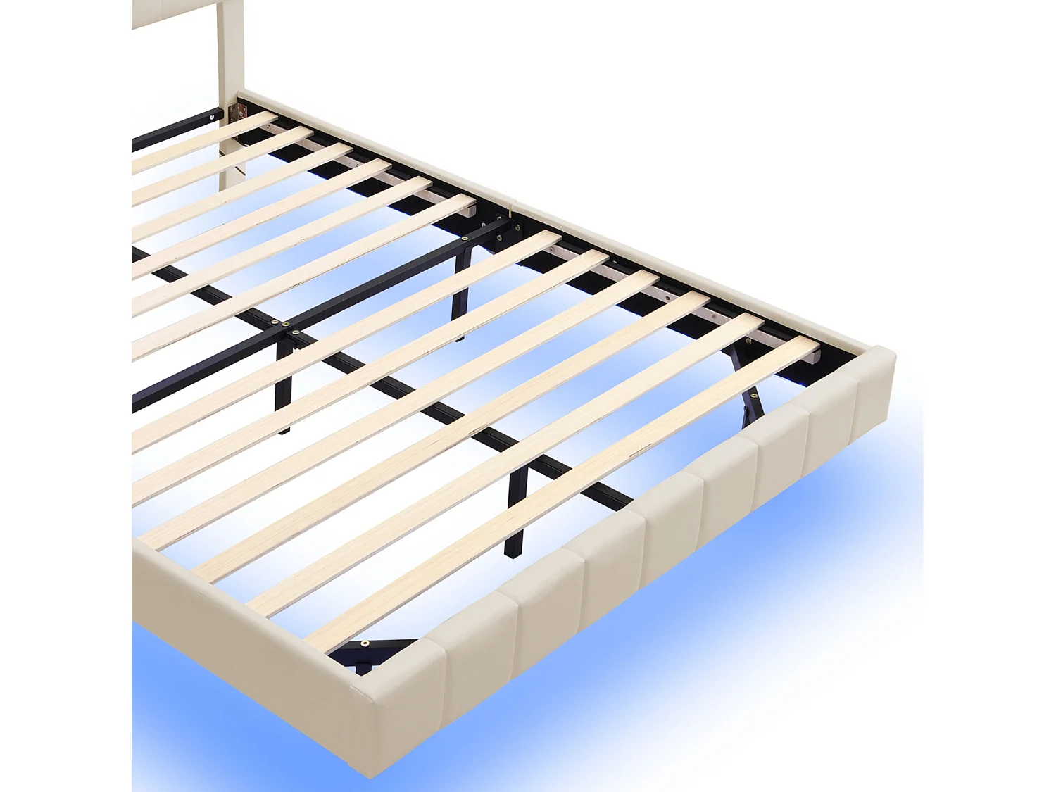 Cama estofada 160x200 cm com luz LED, estrutura de cama com design suspenso, linho, bege