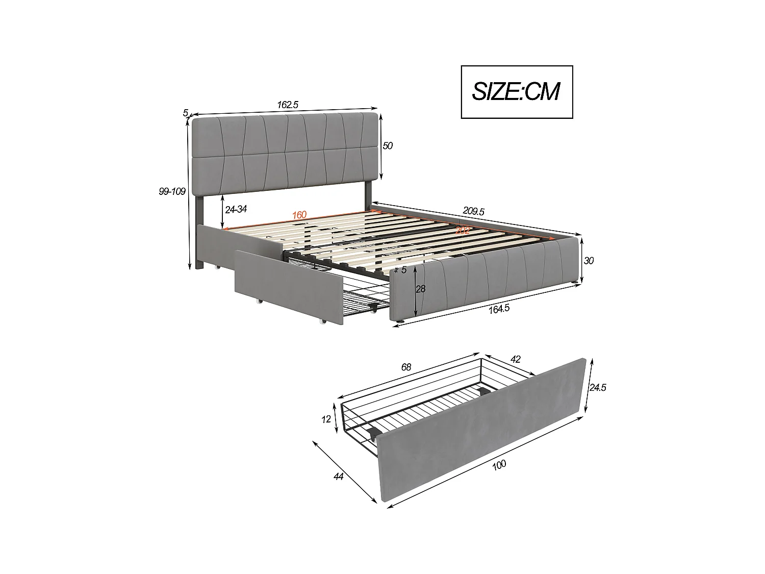 Tweepersoonsbed 160x200 cm met lades, lattenbodem, fluwelen bodem, gestoffeerd bed, grijs