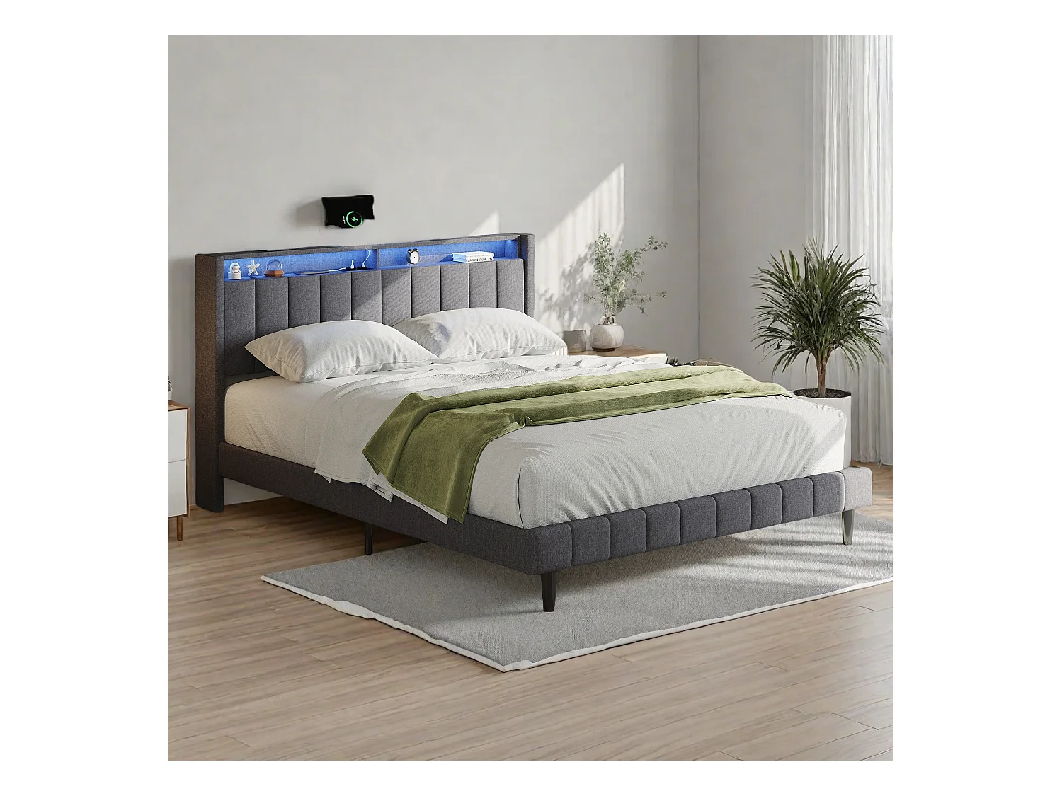 Cama doble de 160 x 200 cm con almacenaje, tapizada en lino, con USB y tipo C, LED, gris