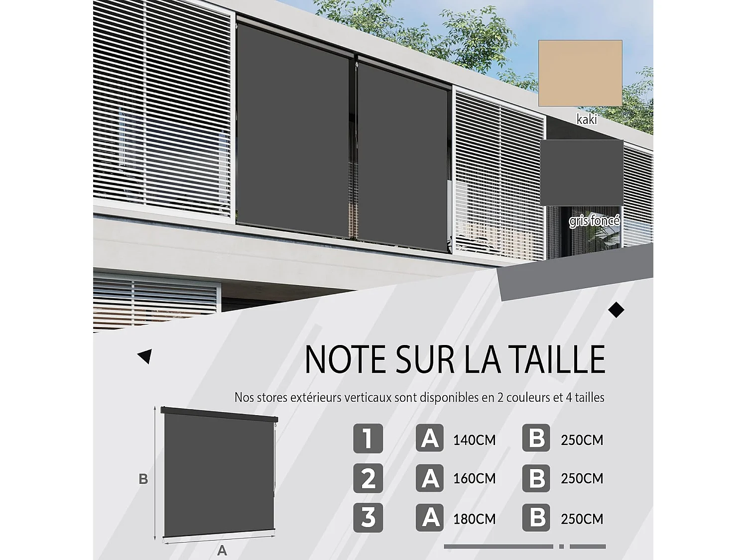 YODOLLA Store vertical rétractable avec coffre, Occultant extérieur fenêtre, Auvent 160x250cm, Pour balcon, Terrasse, Jardin, Gris foncé