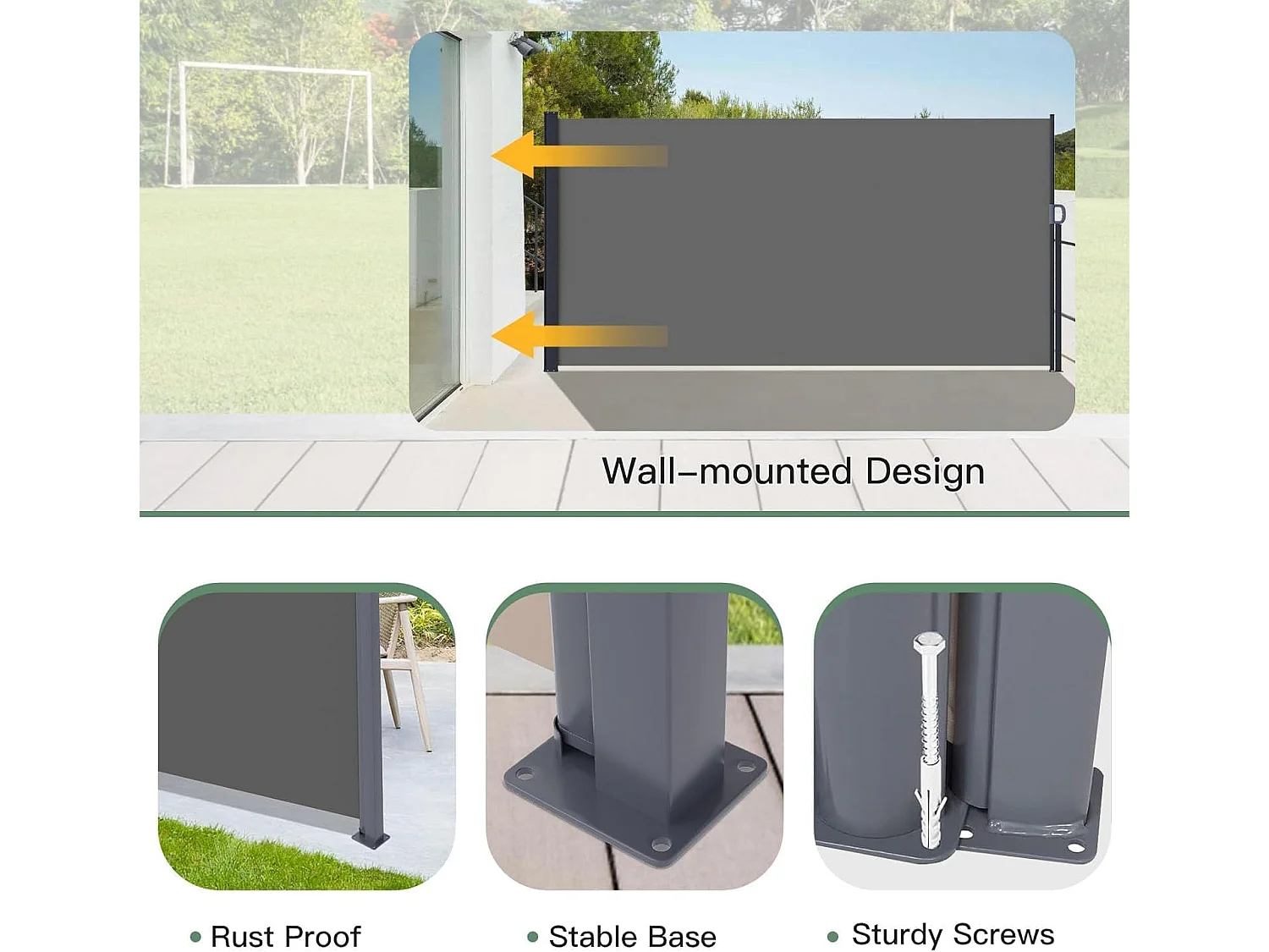YODOLLA Auvent latéral rétractable 350x180cm, Protection solaire Et intimité extensible pour jardin balcon terrasse, Imperméable pliable, Gris foncé