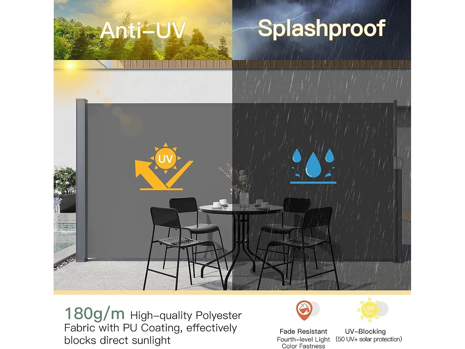 YODOLLA Auvent latéral rétractable 350x160cm extensible, Protection solaire Et intimité imperméable pliable pour jardin balcon terrasse, Gris foncé