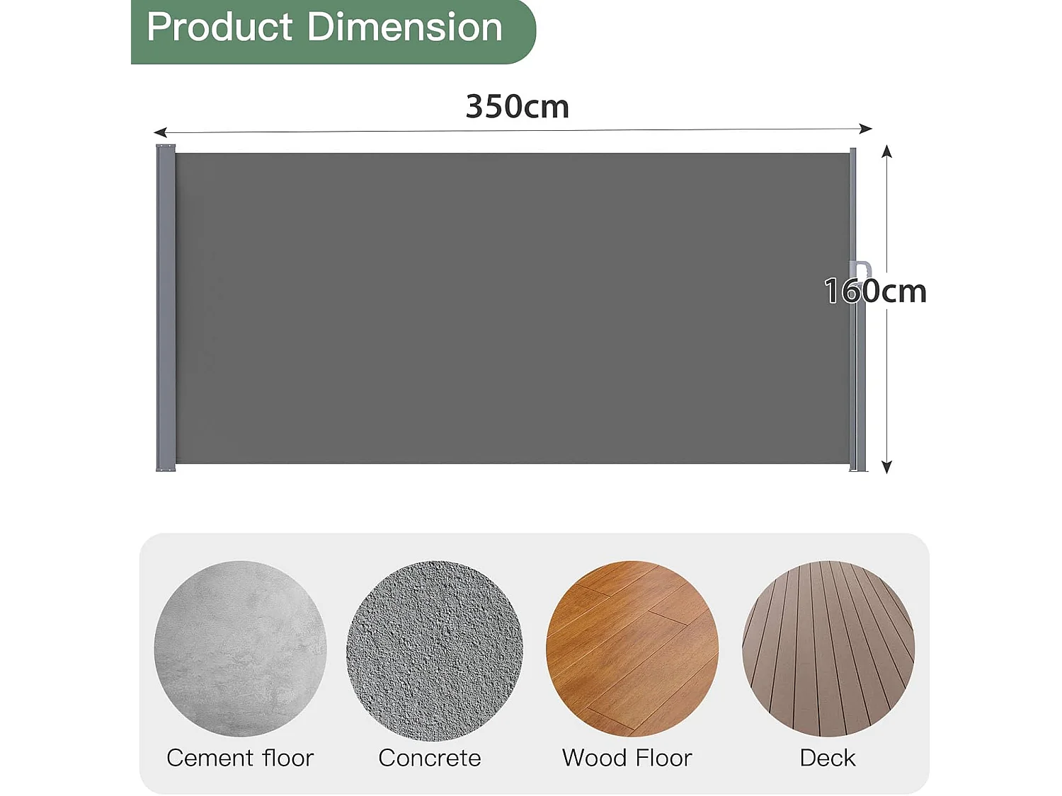 YODOLLA Auvent latéral rétractable 350x160cm extensible, Protection solaire Et intimité imperméable pliable pour jardin balcon terrasse, Gris foncé