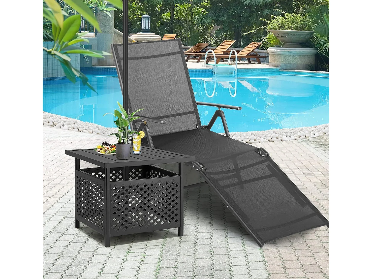 YODOLLA Table d'appoint jardin Avec trou pour parasol (Ø4cm), Petit table jardin métal pour terrasse, Piscine, Jardin, 55 x 55 x 46 cm