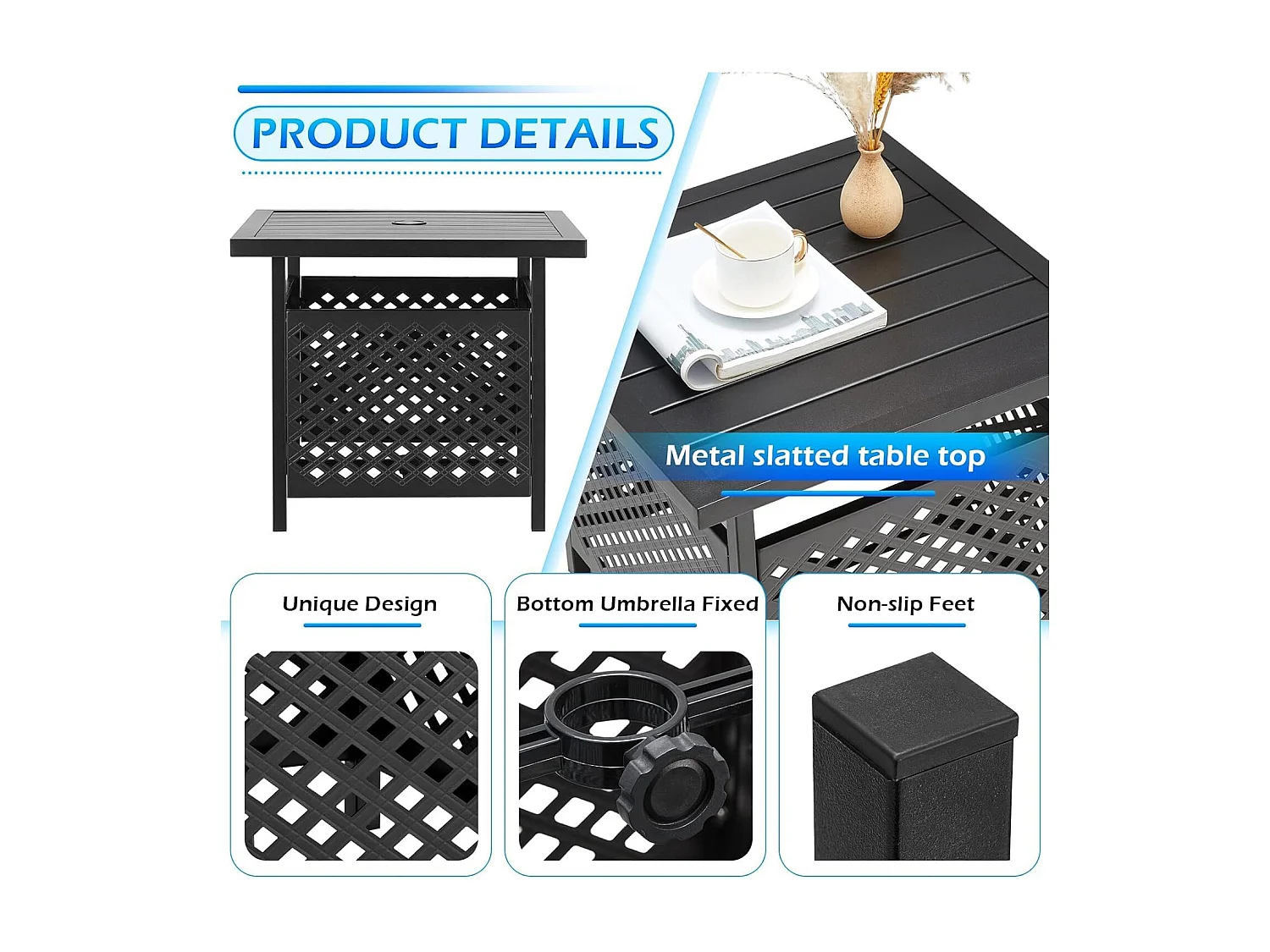 YODOLLA Table d'appoint jardin Avec trou pour parasol (Ø4cm), Petit table jardin métal pour terrasse, Piscine, Jardin, 55 x 55 x 46 cm