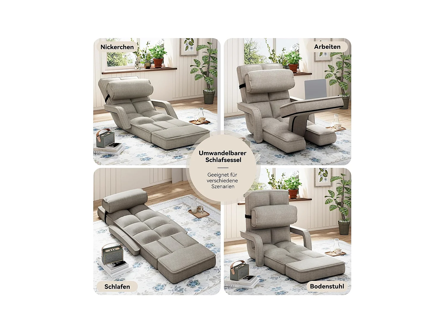 YODOLLA Fauteuil de Sol, Pliable avec coussin & repose-pieds pour chambre, Bureau et maison, Beige