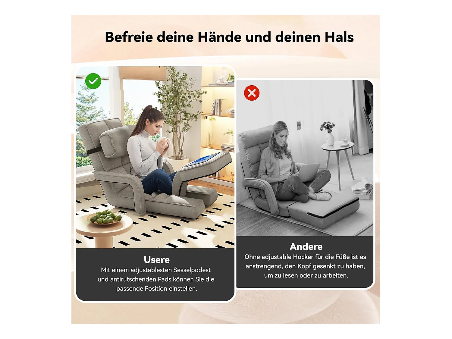 YODOLLA Fauteuil de Sol, Pliable avec coussin & repose-pieds pour chambre, Bureau et maison, Beige