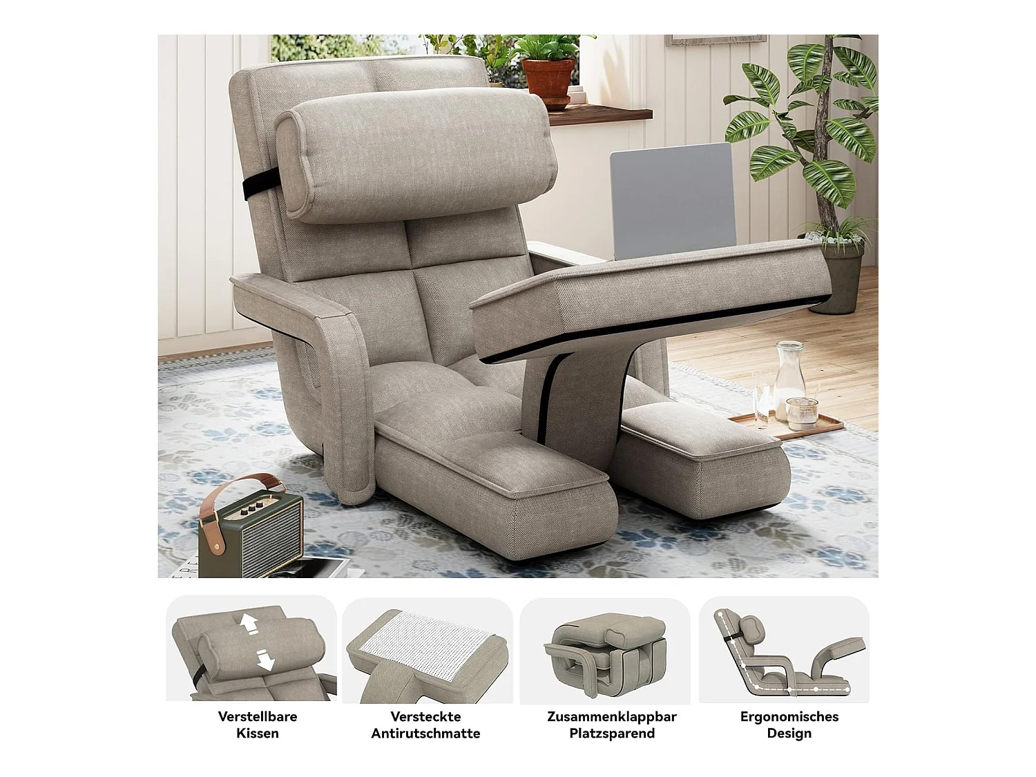YODOLLA Fauteuil de Sol, Pliable avec coussin & repose-pieds pour chambre, Bureau et maison, Beige