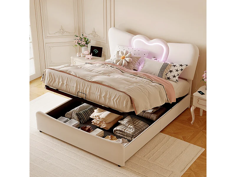 Cama con almacenaje de terciopelo beige de 140 x 200 cm con cabecero LED en forma de corazón y puerto USB