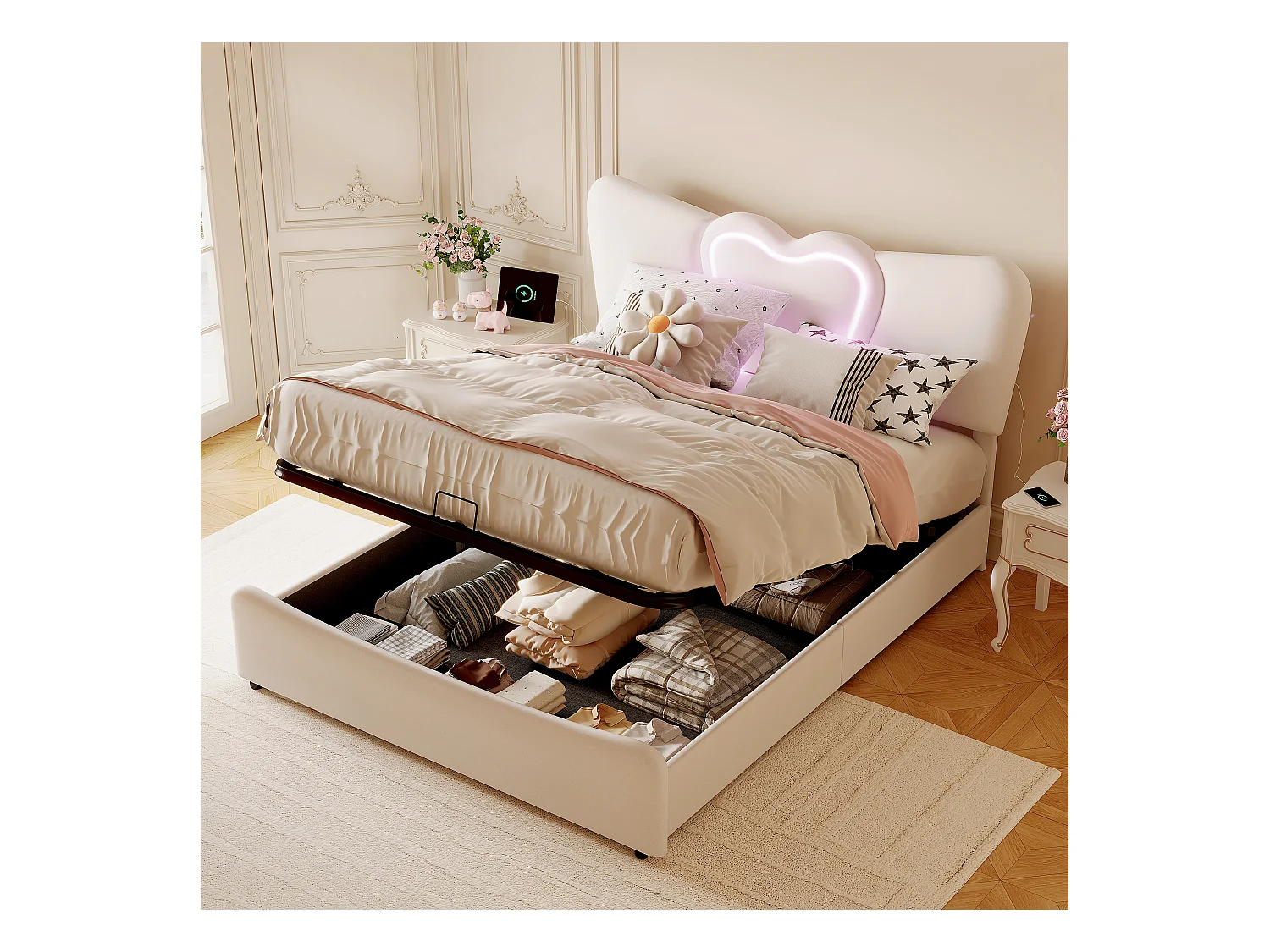 Cama con almacenaje de terciopelo beige de 140 x 200 cm con cabecero LED en forma de corazón y puerto USB